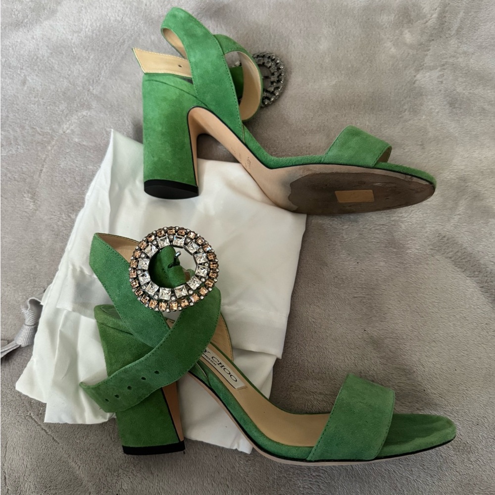 Jimmy Choo Green Suede Sandals with Crystal Buckle - Picture 2 of 5